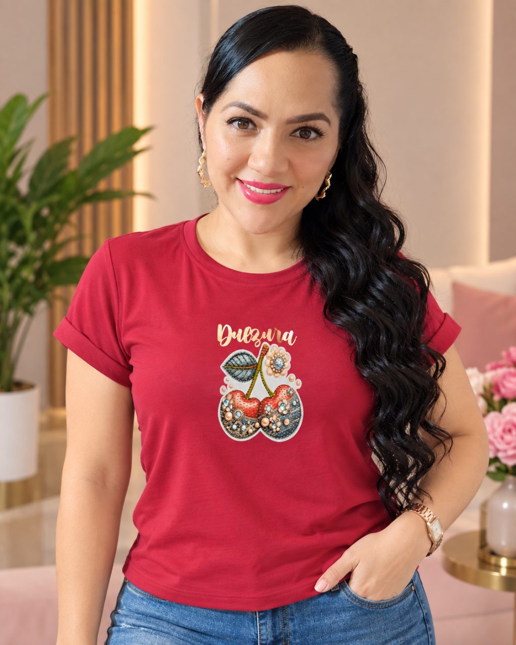 Camiseta algodón licrado manga doblada con pedrería