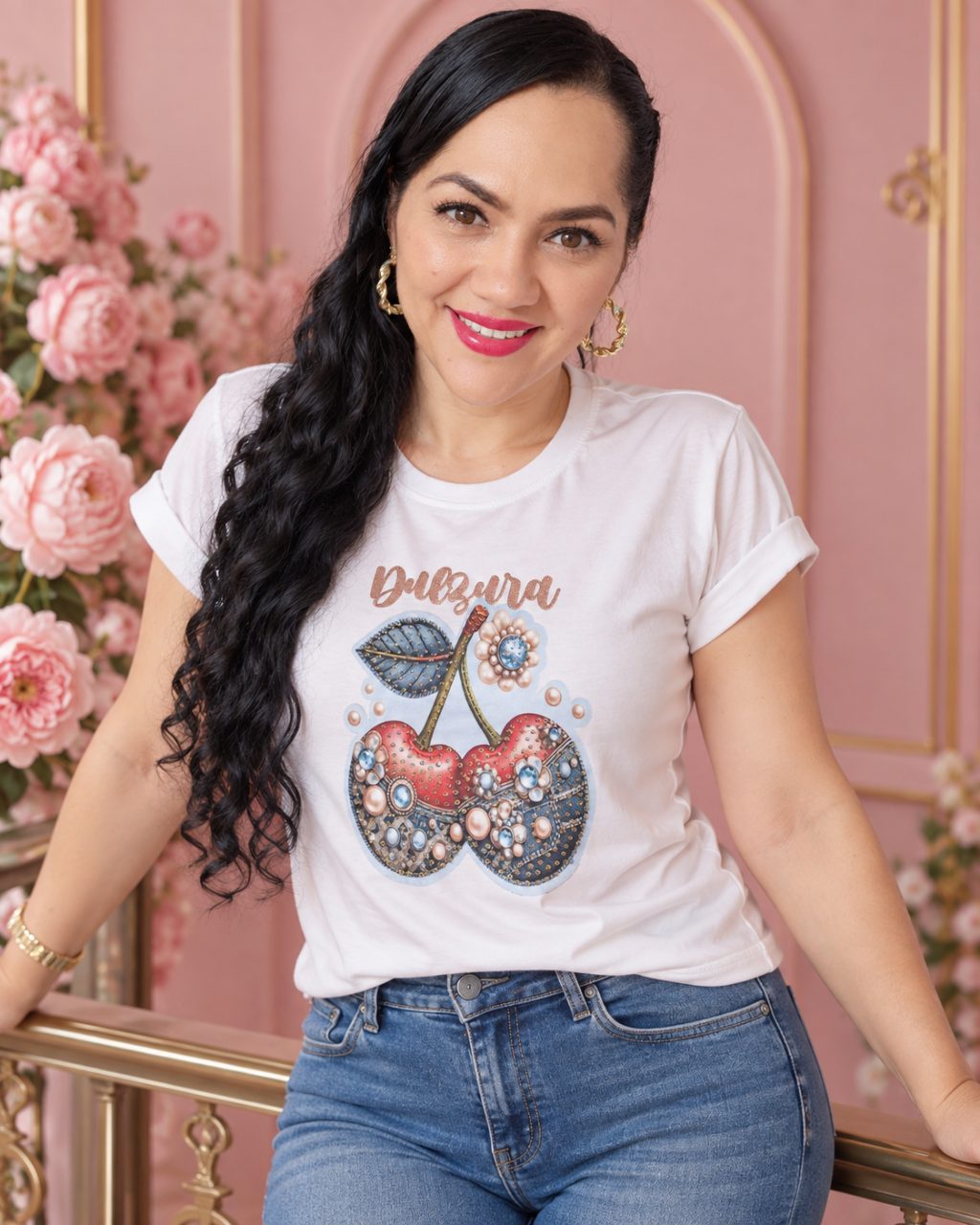 Camiseta algodón licrado manga doblada con pedrería