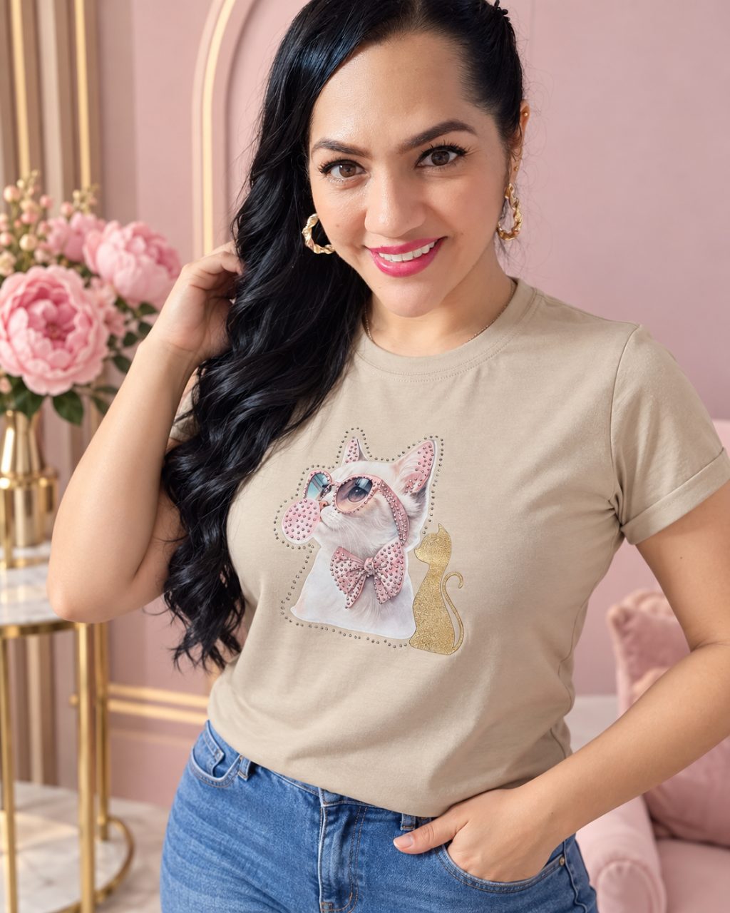Camiseta algodón licrado manga doblada con pedrería