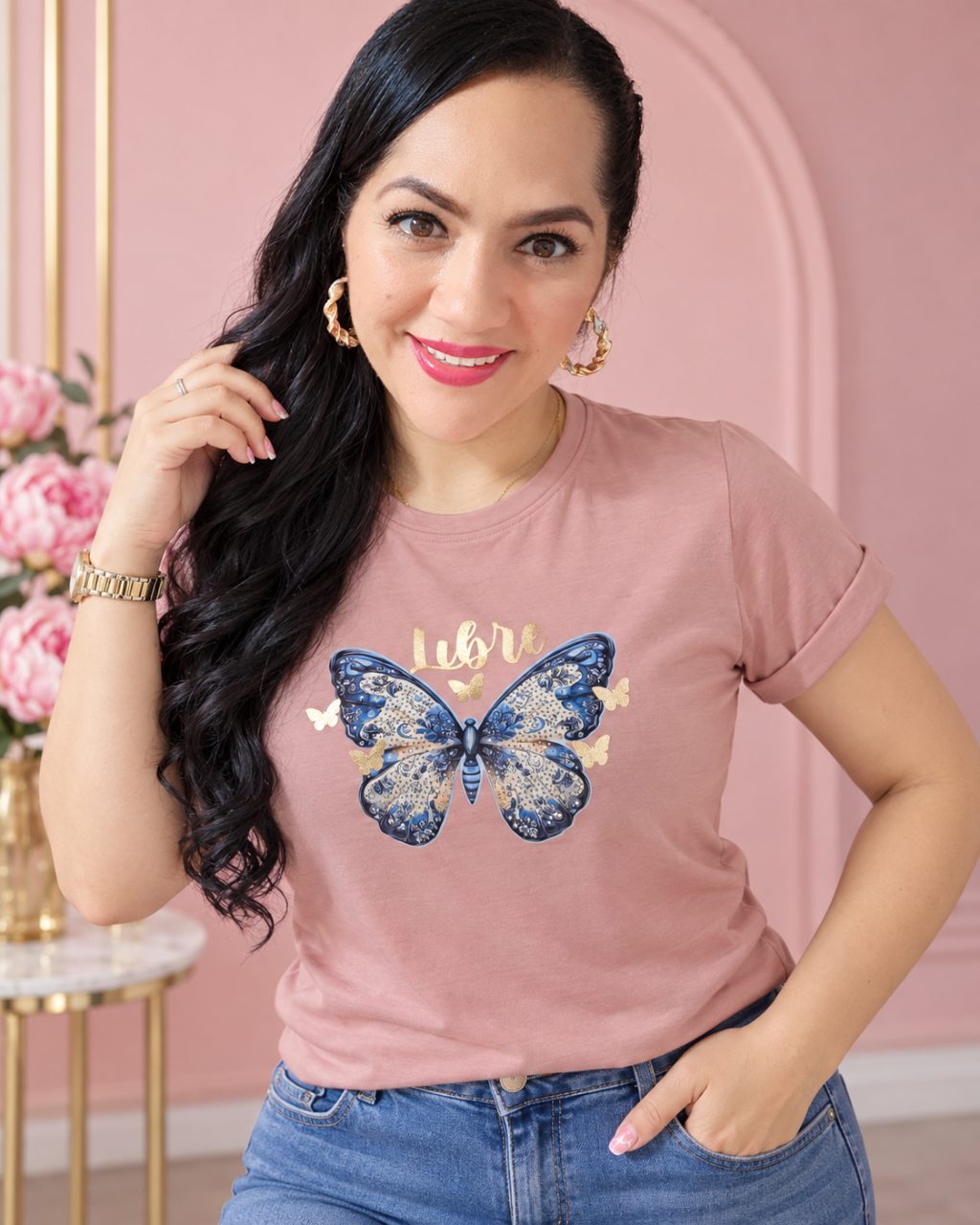 Camiseta algodón licrado manga doblada con pedrería