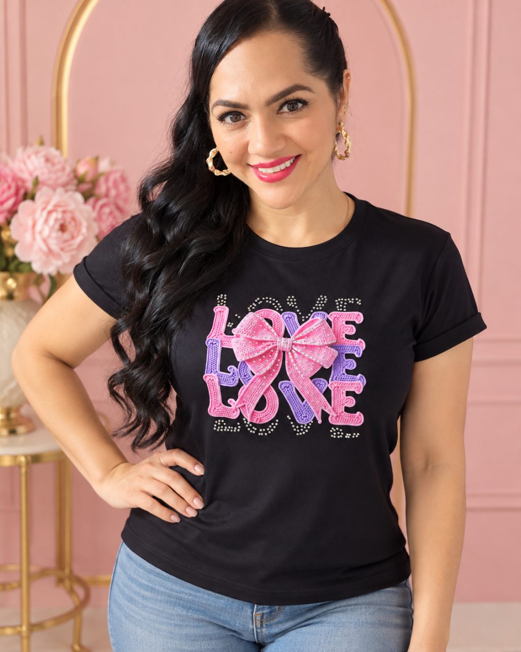 Camiseta algodón licrado manga doblada con pedrería