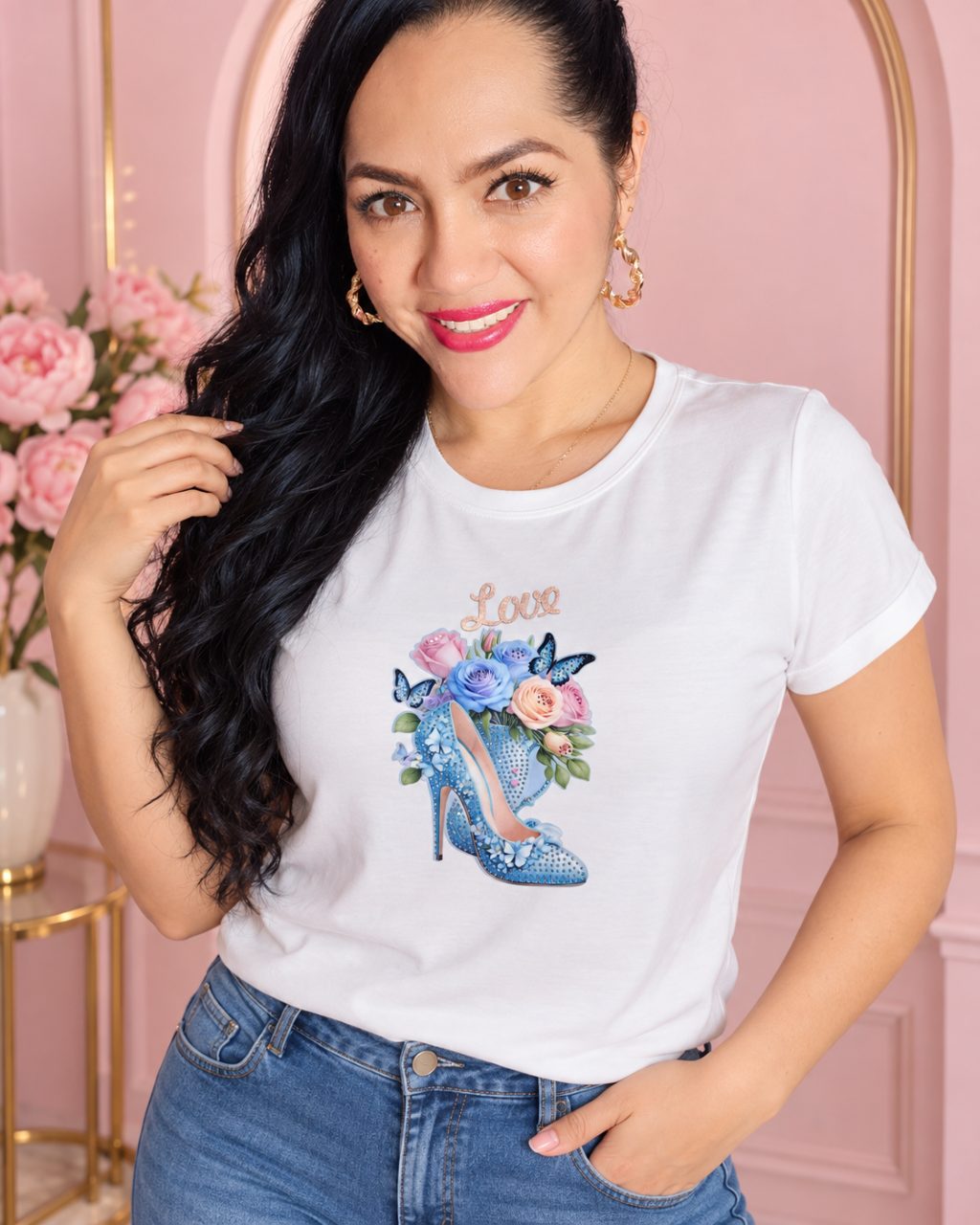 Camiseta algodón licrado manga doblada con pedrería