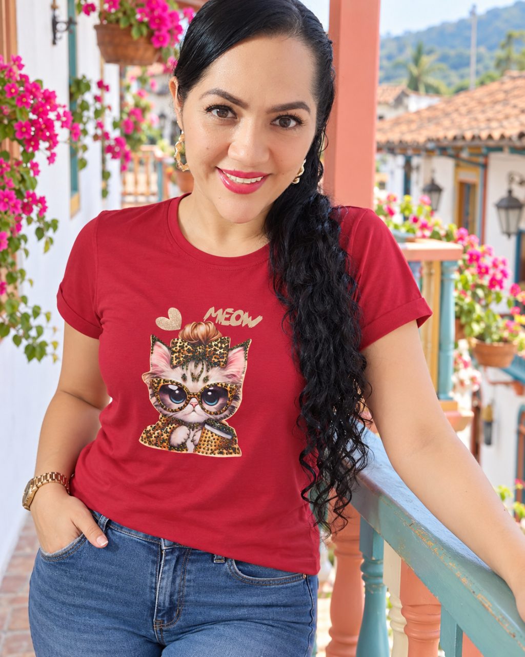 Camiseta algodón licrado manga doblada con pedrería