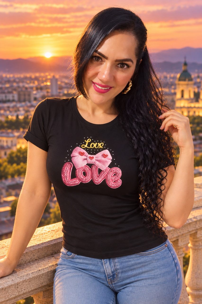 Camiseta algodón licrado manga doblada con pedrería