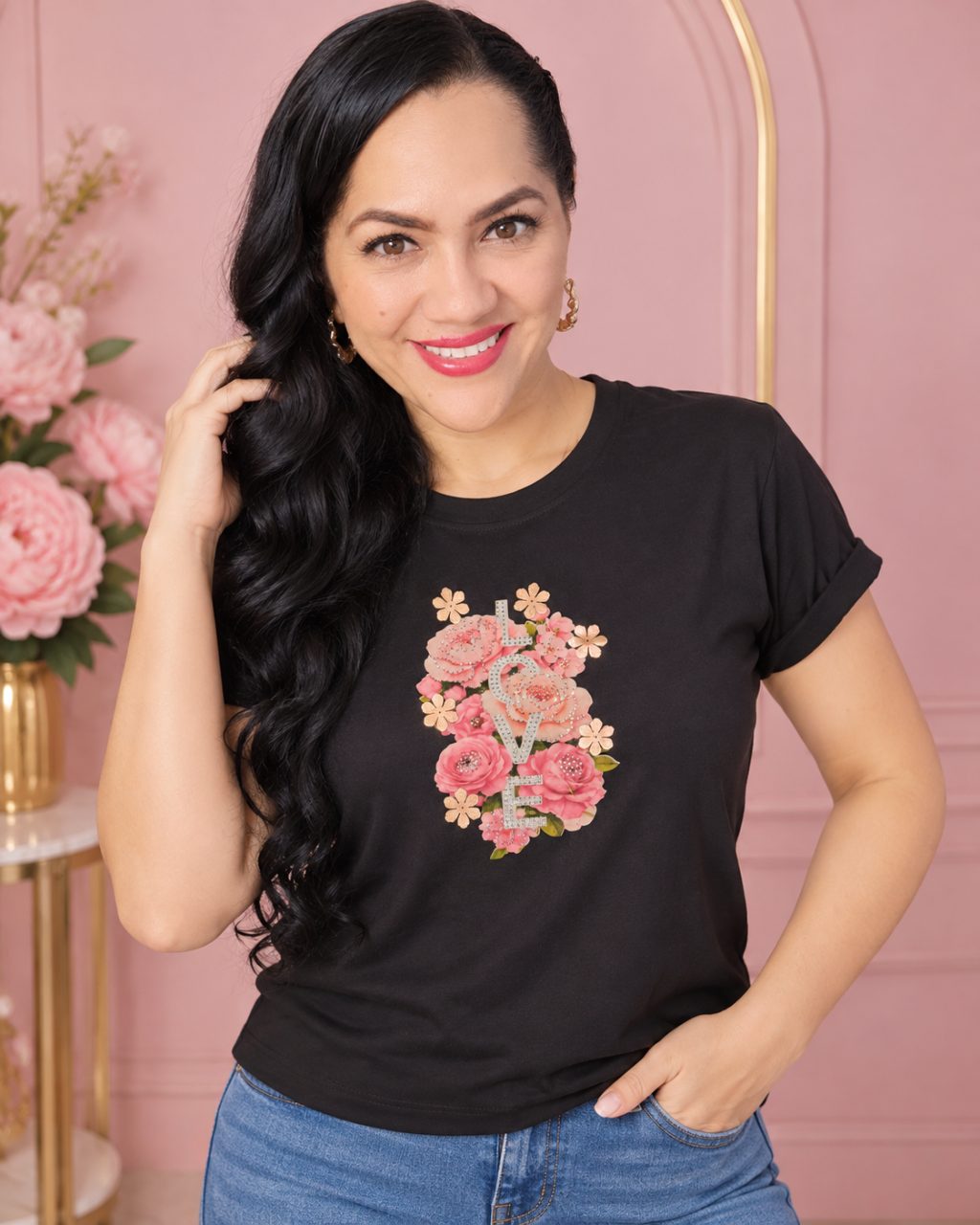 Camiseta algodón licrado manga doblada con pedrería