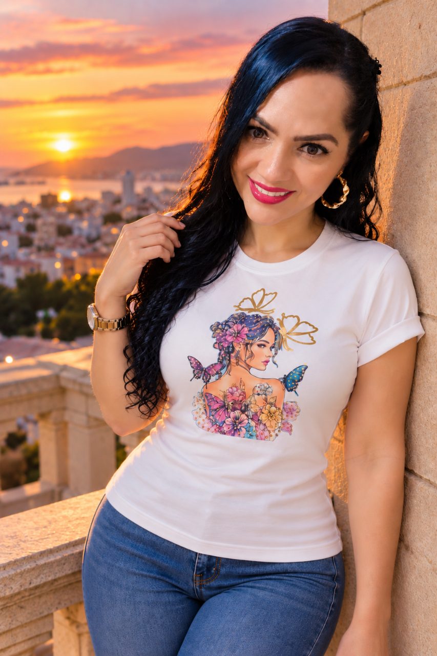 Camiseta algodón licrado manga doblada con pedrería