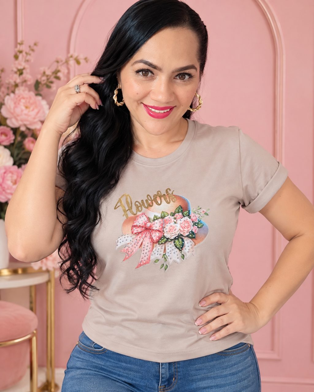 Camiseta algodón licrado manga doblada con pedrería