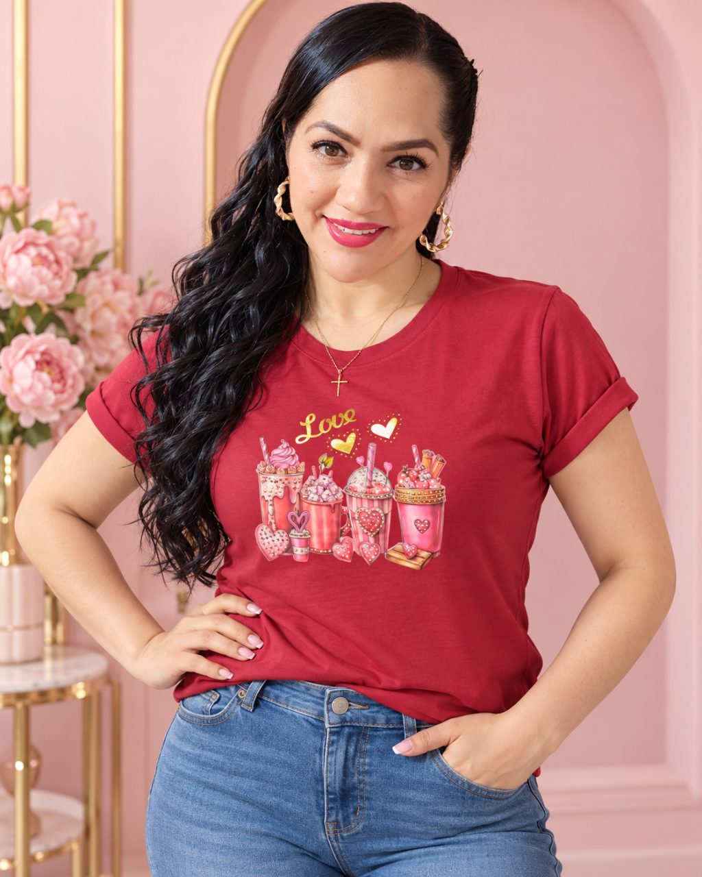 Camiseta algodón licrado manga doblada con pedrería