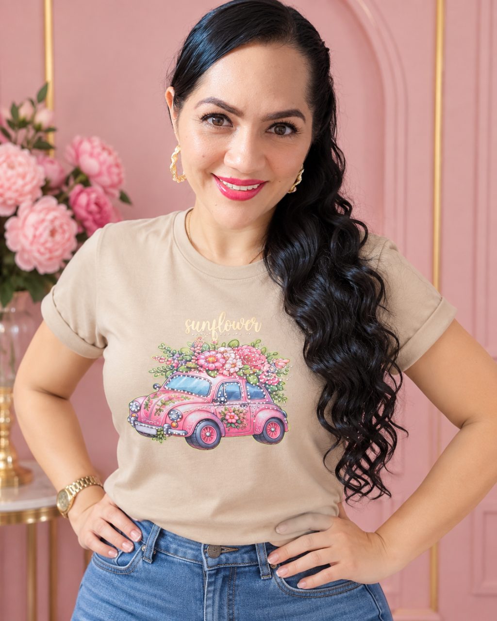 Camiseta algodón licrado manga doblada con pedrería