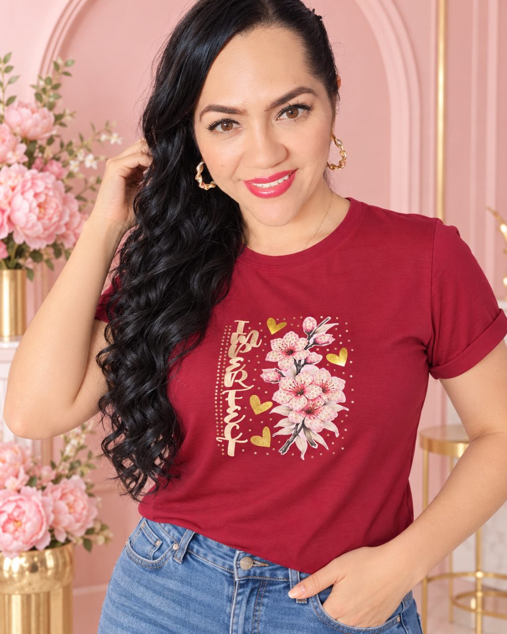 Camiseta algodón licrado manga doblada con pedrería