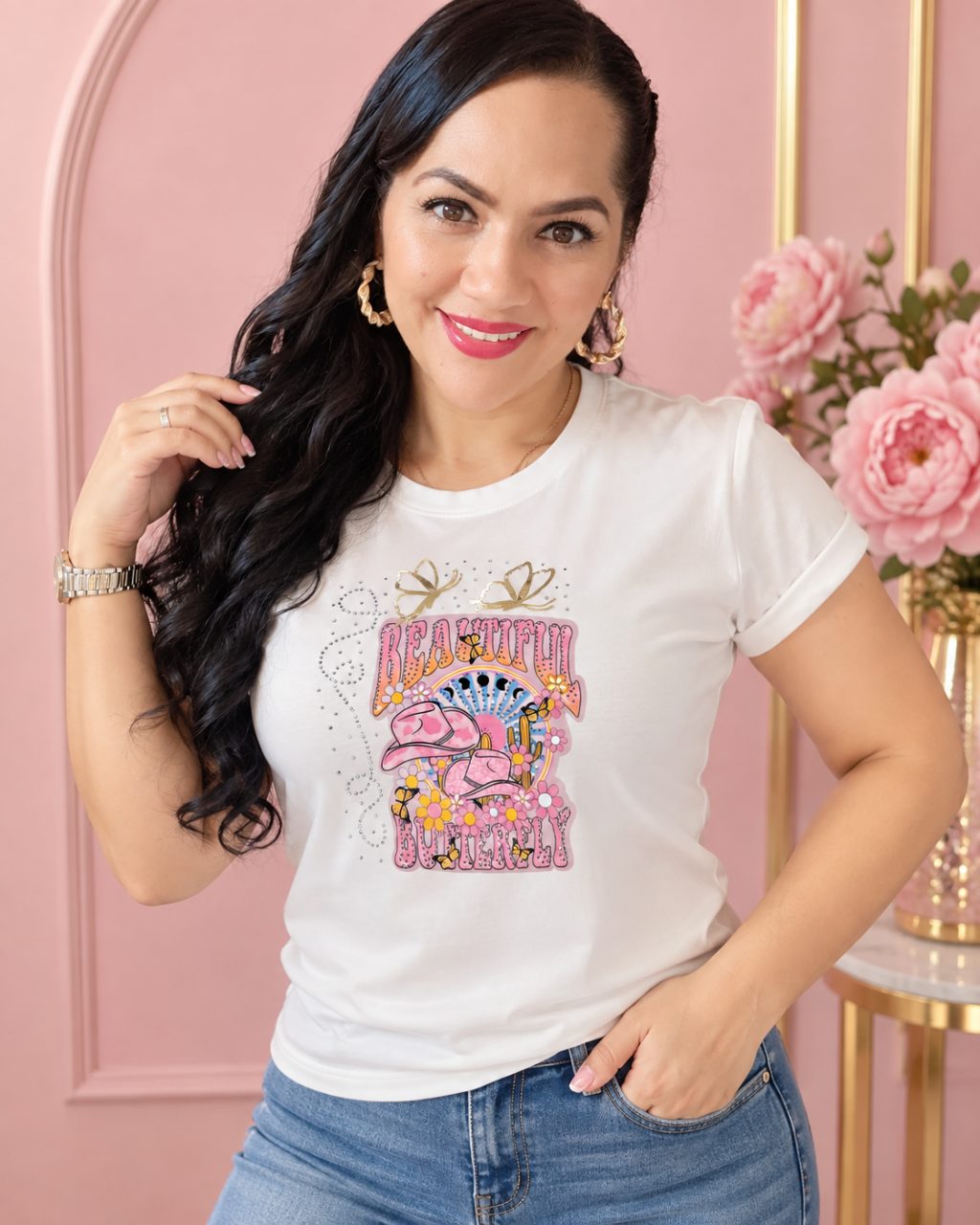 Camiseta algodón licrado manga doblada con pedrería
