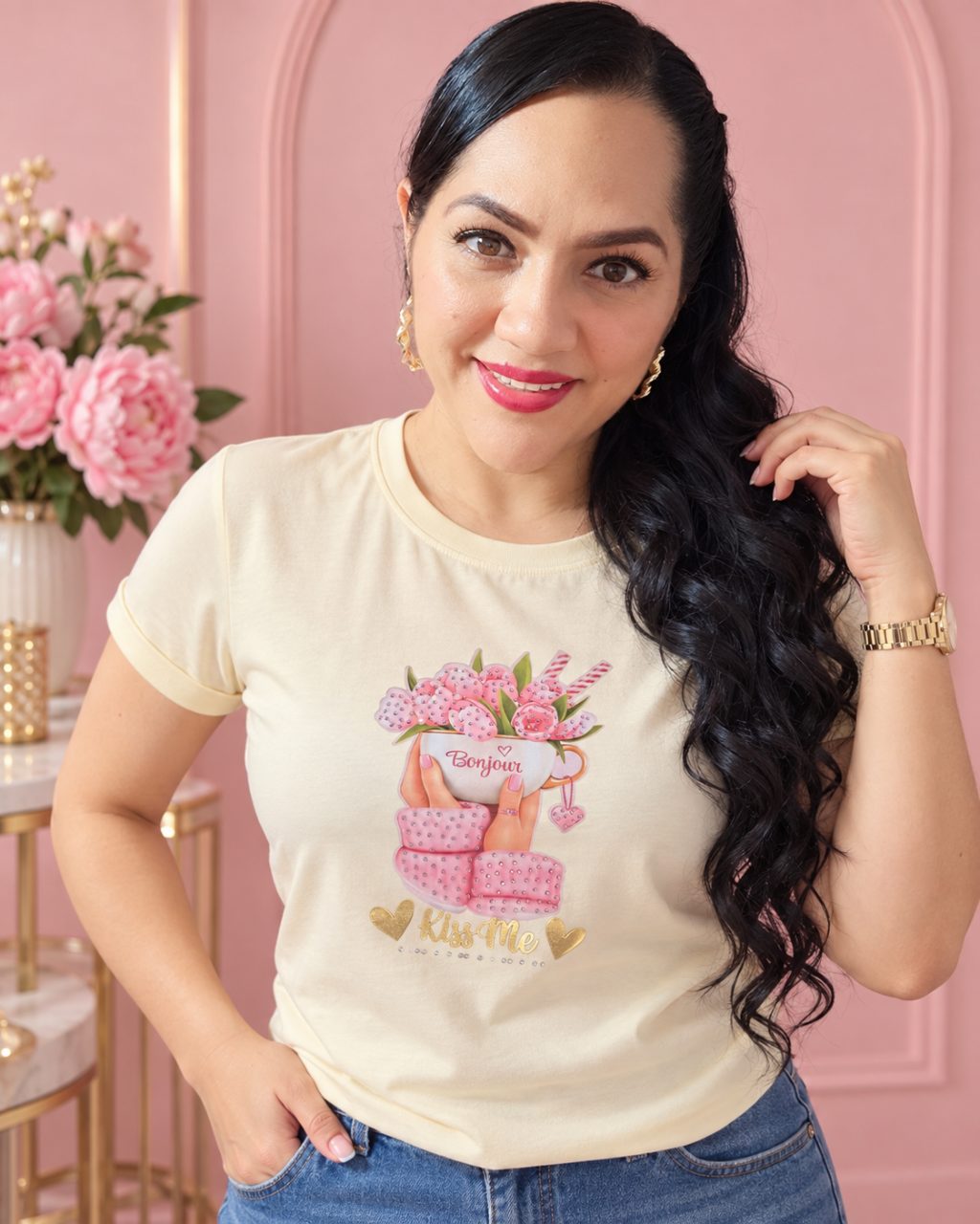 Camiseta algodón licrado manga doblada con pedrería