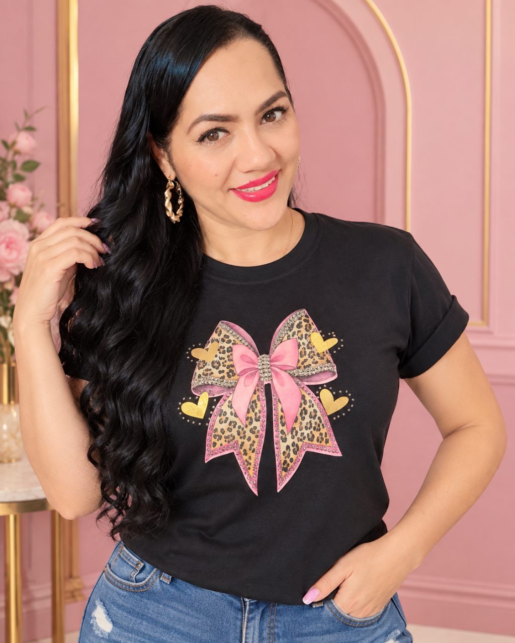 Camiseta algodón licrado manga doblada con pedrería