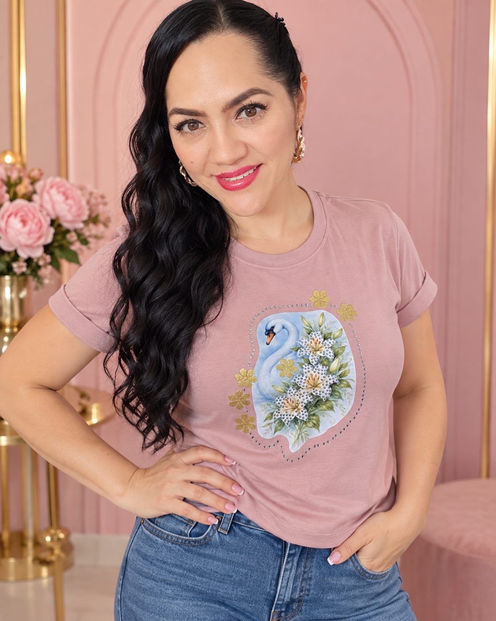 Camiseta algodón licrado manga doblada con pedrería