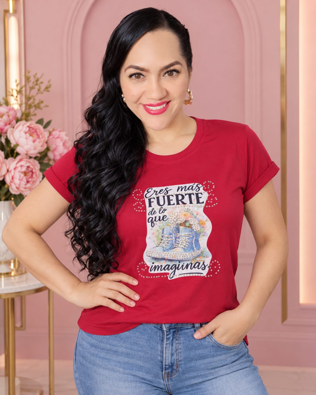 Camiseta algodón licrado manga doblada con pedrería